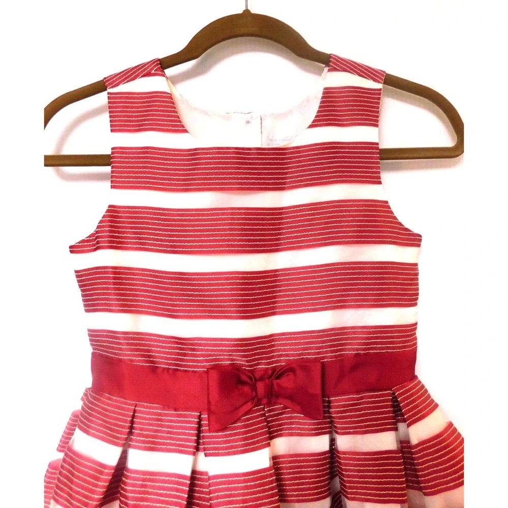 Jona Michelle Girls Size 10  Cranberry and White Striped Dress‎ Bow in front